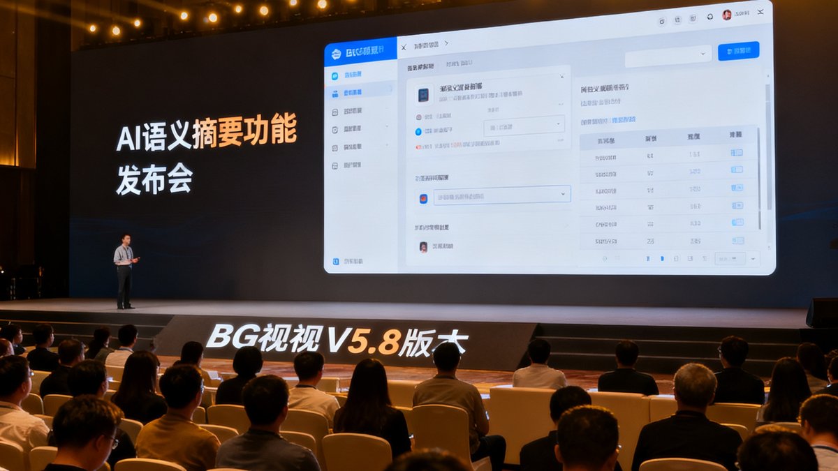 BG视讯V5.8版本发布会现场照片，大屏幕上展示AI语义摘要功能的产品界面，观众席坐满参会者