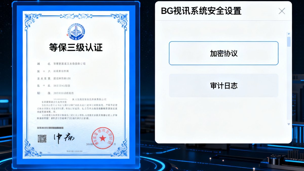等保三级认证证书与BG视讯系统安全设置界面的并列展示图，突出加密协议与审计日志功能