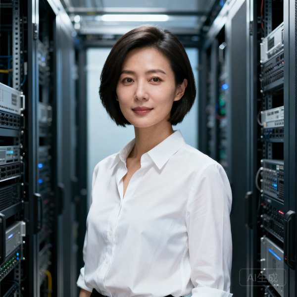 BG视讯联合创始人兼CTO陈敏的技术专家半身照，女性短发干练穿着白色衬衫，身后是服务器机房